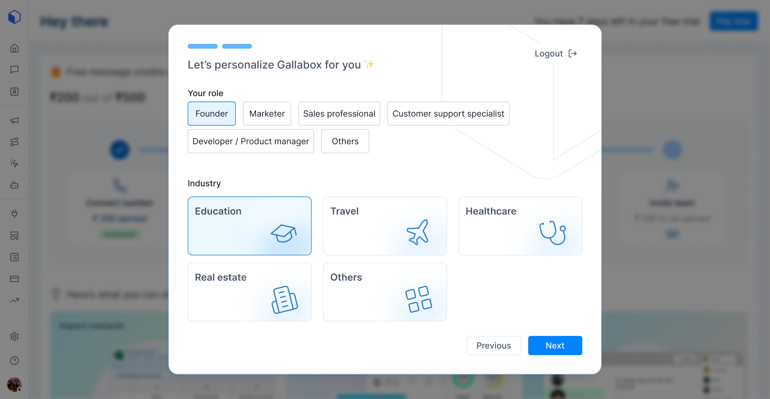 Gallabox onboarding screen for selecting a role and industry