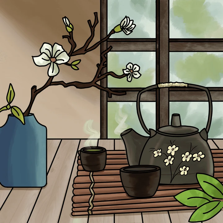 A teapot and cups beside a window and a flowering branch.
