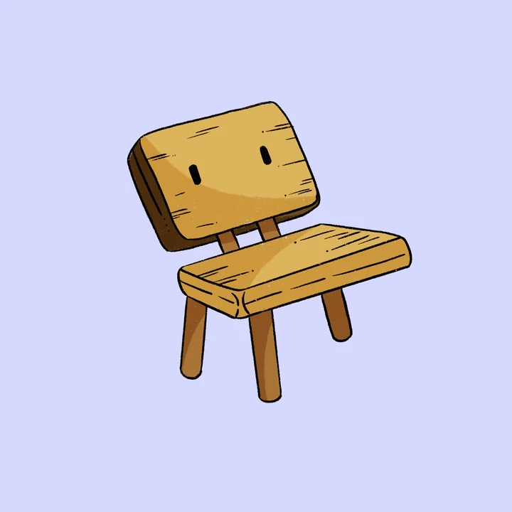 A small wooden chair on a lavender background.