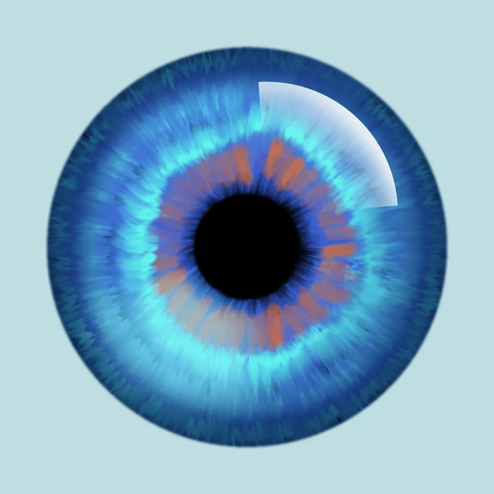 A blue iris with radiating colored fibers.