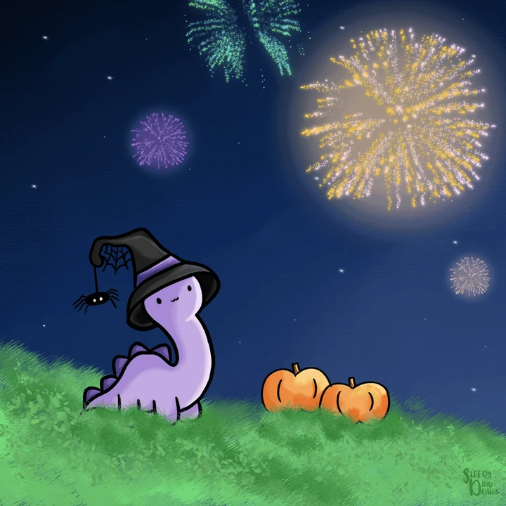 A purple dinosaur and an orange cat watching fireworks at night.