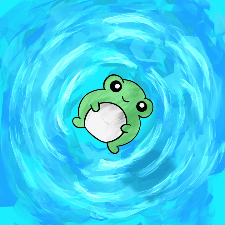 A green frog floating in swirling blue water.